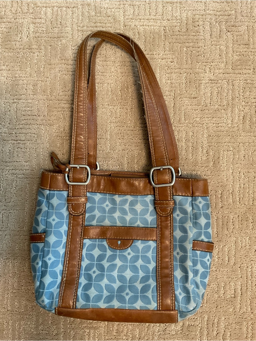 Vintage Fossil Key‑Per Blue Clover Canvas Tote Shoulder Bag Tan Leather Trim